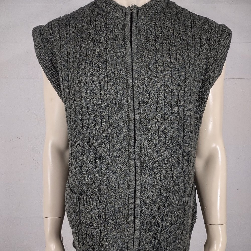 Shades of Aran dark green Merino Wool cable knit full zip sweater vest mens XL